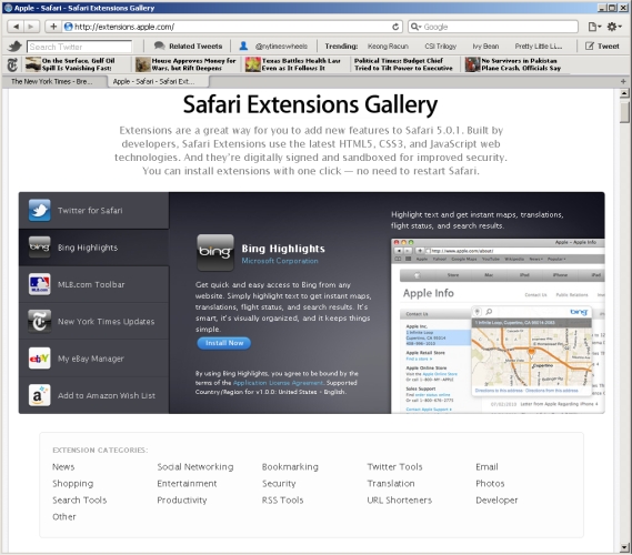 Safari 5.0.1 incluye soporte para extensiones